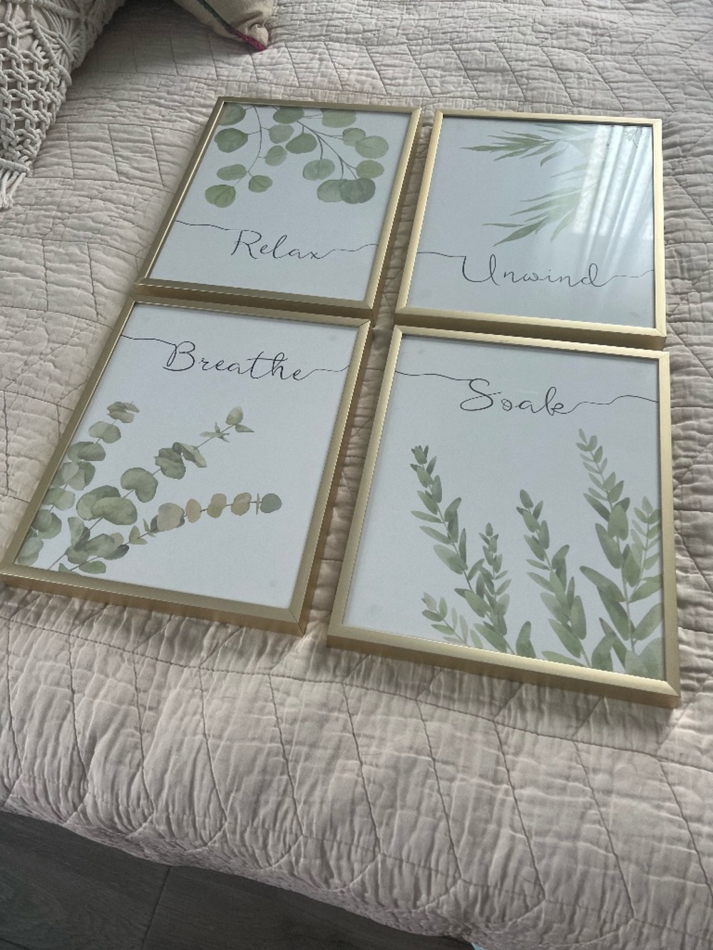 Gold-framed wall art, set of 4 (Relax, Breathe, Soak & Unwind)